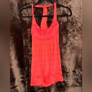 Unknown Brand Rouched Floral Orange Halter Top with Low Back | Orange | Size: S